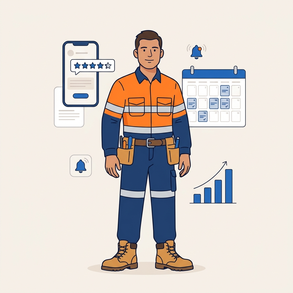 Illustration of a service business owner surrounded by digital business tools including reviews, calendar, and growth analytics